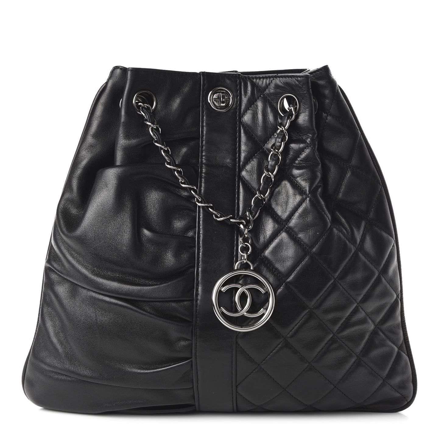 Lambskin Quilted Pile Ou Face Drawstring Bag Black