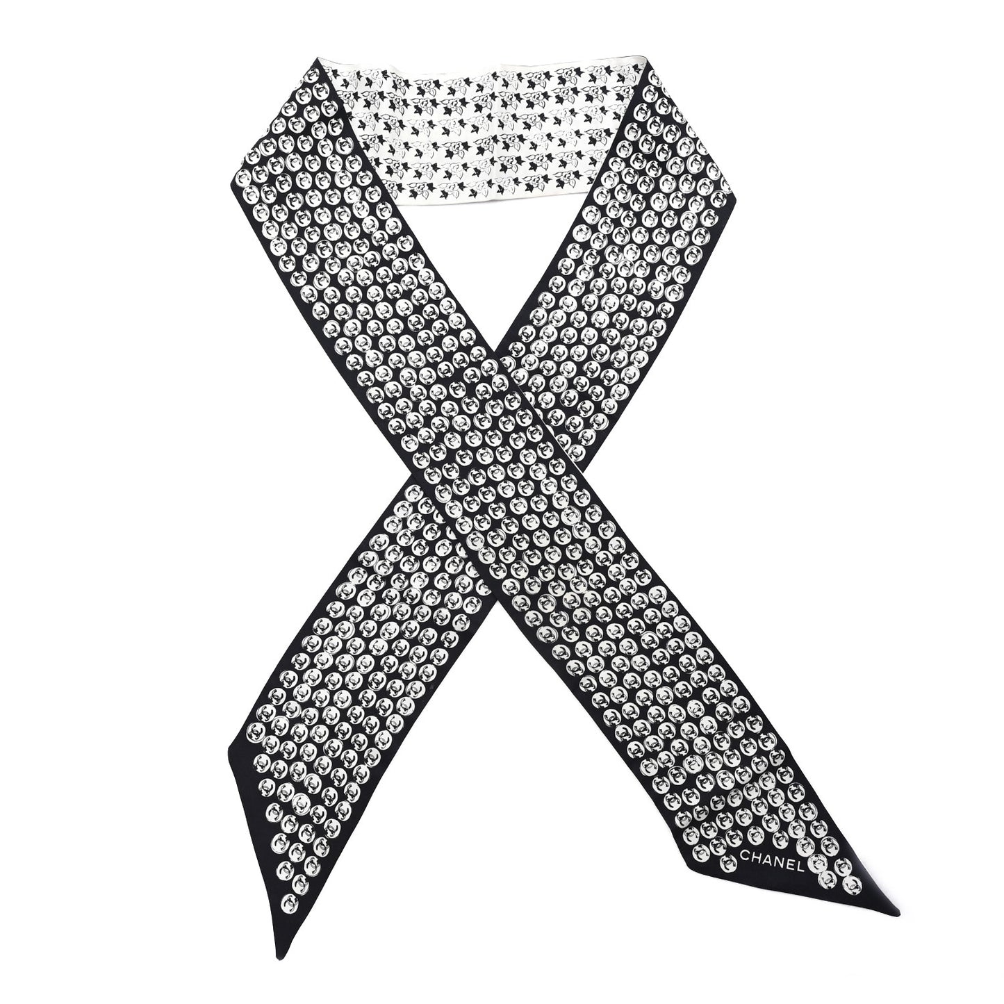 Silk CC Logo Camellia  Bandeau Scarf White Black