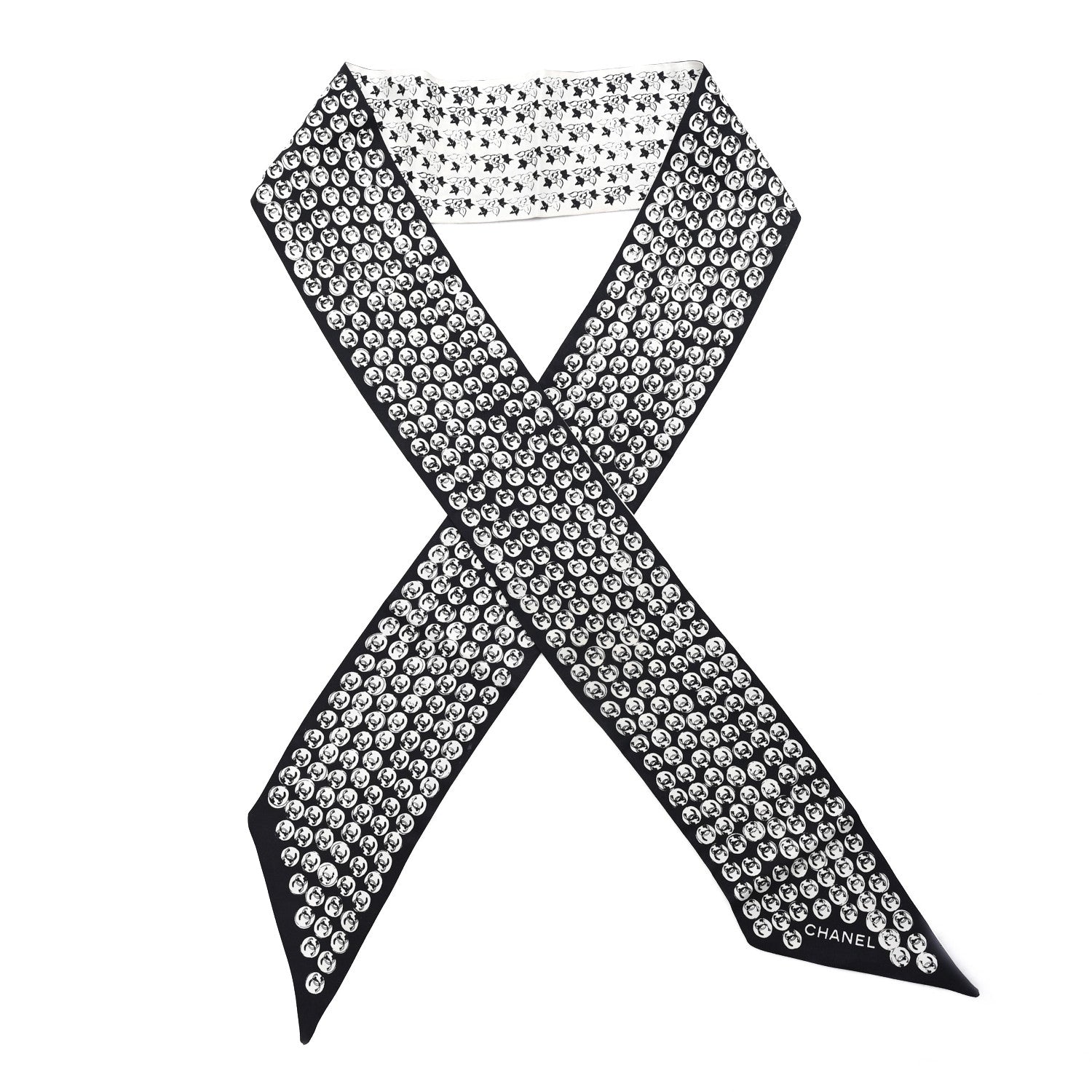 Chanel Silk CC Logo Camellia  Bandeau Scarf White Black 1 of 4