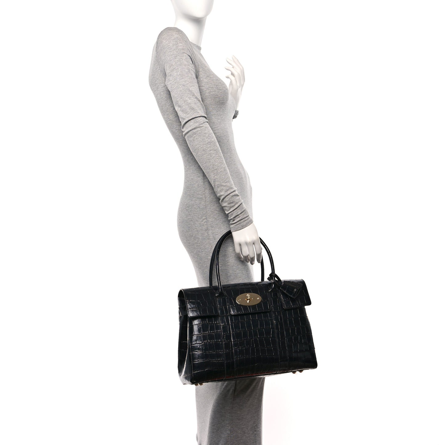Shiny Calfskin Crocodile Print Small Bayswater Satchel Black