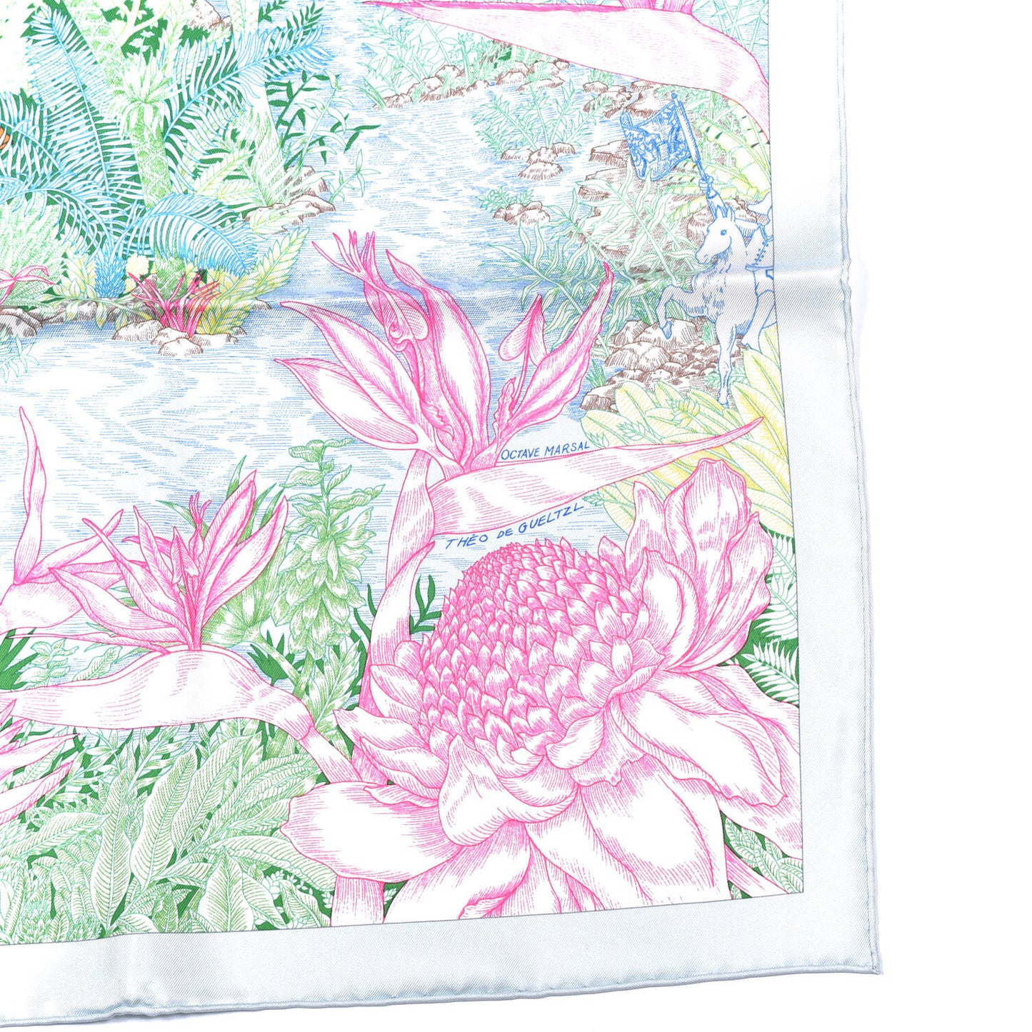 Silk Twill Faubourg Tropical Scarf 90 Bleu Vert Jaune