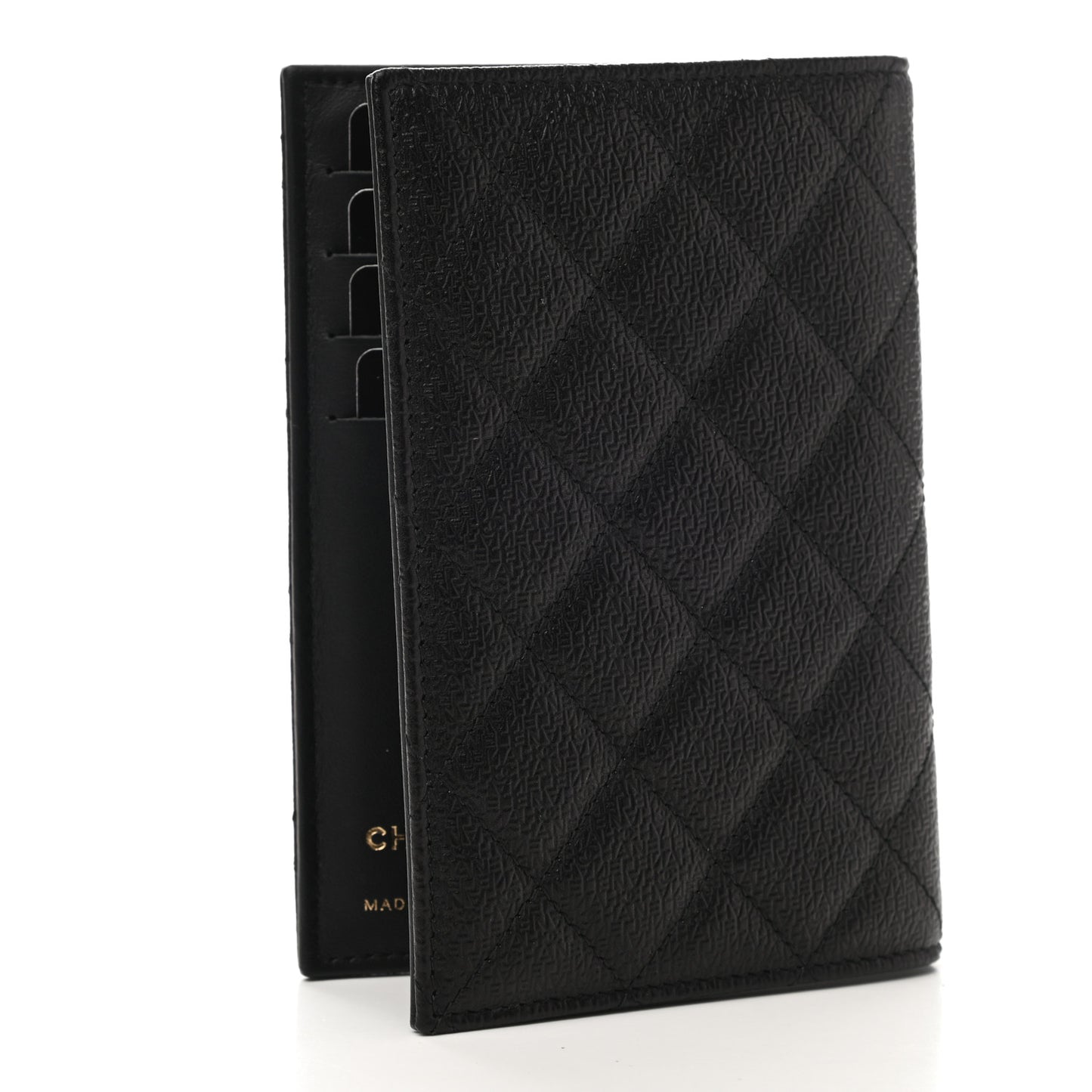 Letter Calfskin Embossed Quilted Passport Holder Black