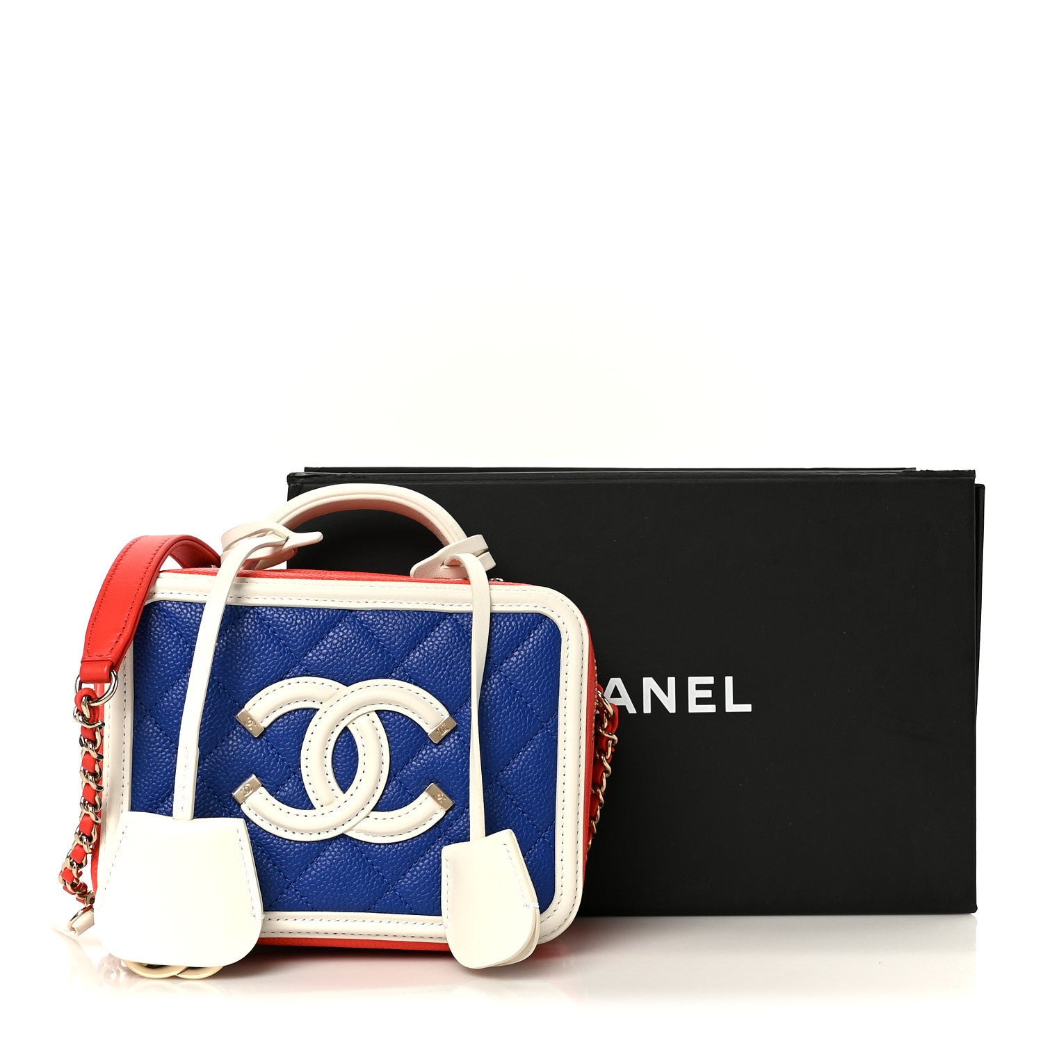 Chanel Caviar Quilted Small CC Filigree Vanity Case Blue White Red 11 of 11