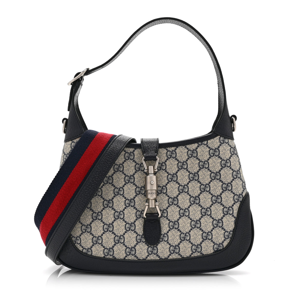 Gucci GG Supreme Monogram Textured Dollar Calfskin Web Small Jackie 1961 Hobo Beige Blue 1 of 11