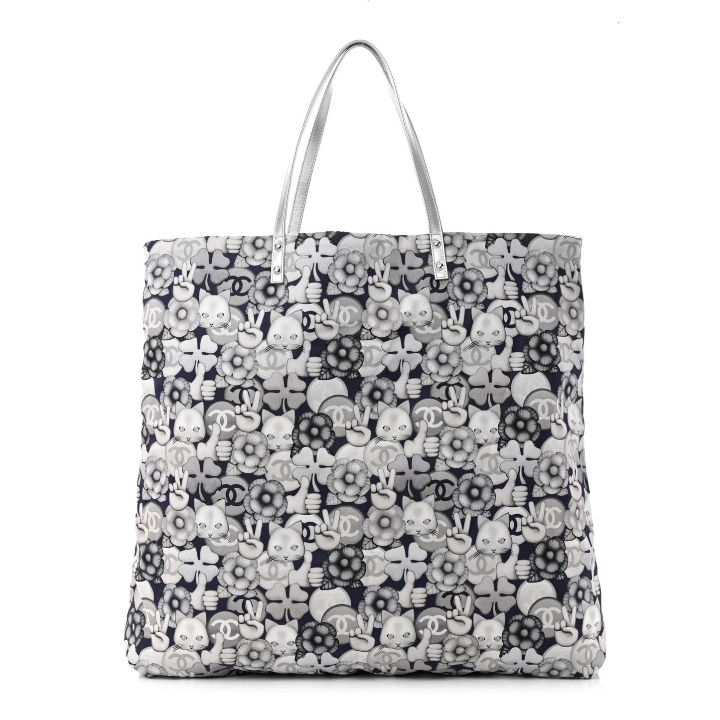 Nylon Cat Emoticon Tote Navy Silver