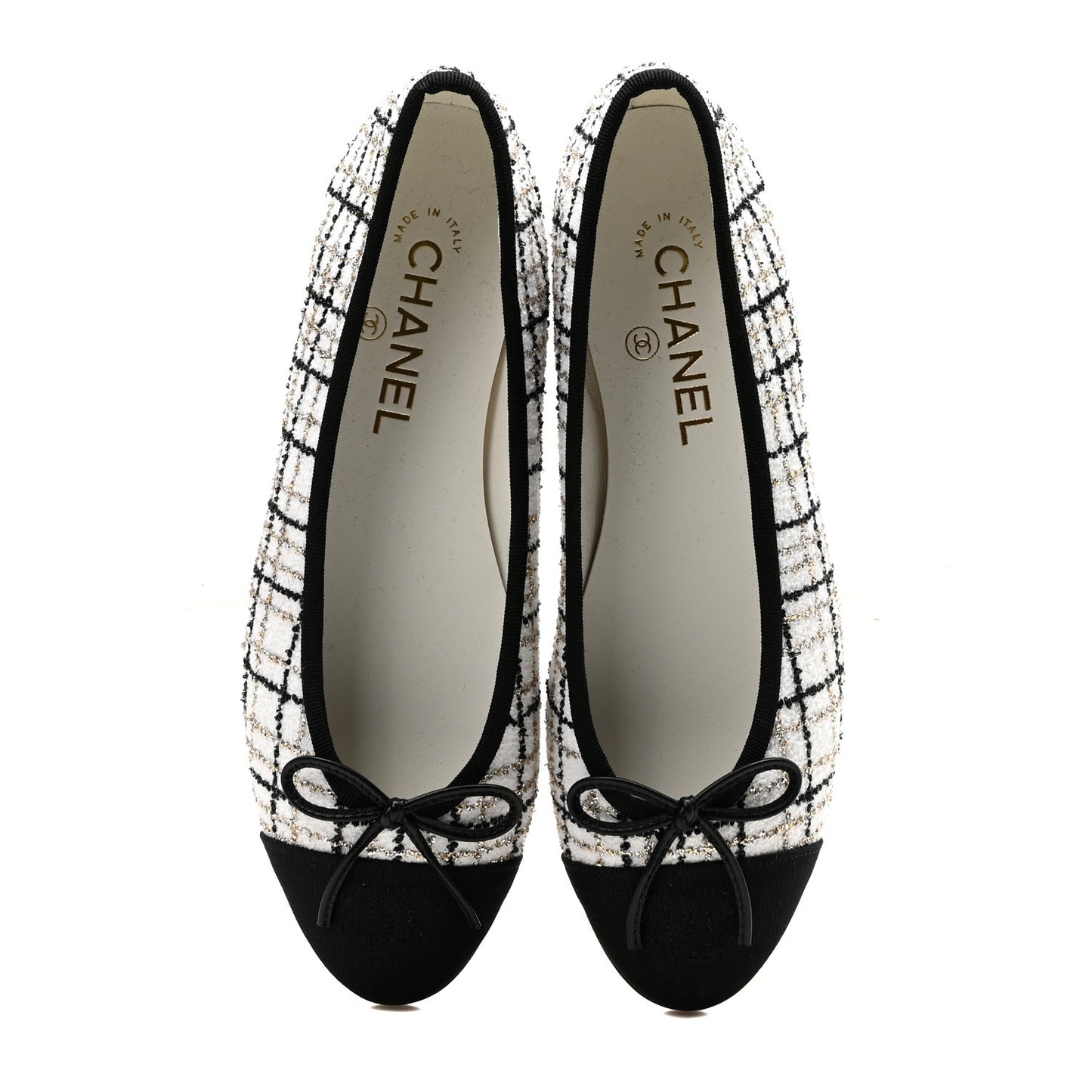 Tweed Grosgrain Cap Toe Ballerina Flats 37.5 White Gold Black