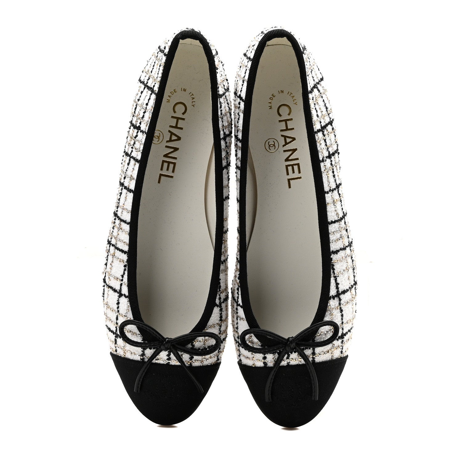 Chanel Tweed Grosgrain Cap Toe Ballerina Flats 37.5 White Gold Black 2 of 8