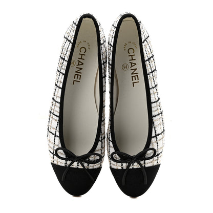 Chanel Tweed Grosgrain Cap Toe Ballerina Flats 37.5 White Gold Black 2 of 8