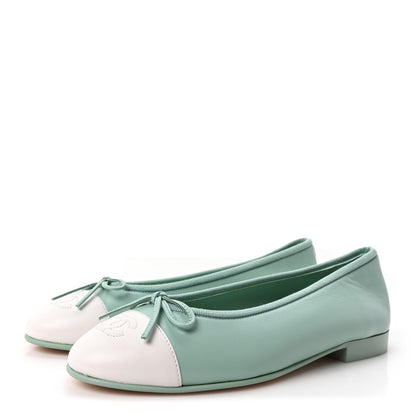 Chanel Lambskin CC Cap Toe Ballerina Flats 37 Light Green White 4 of 10