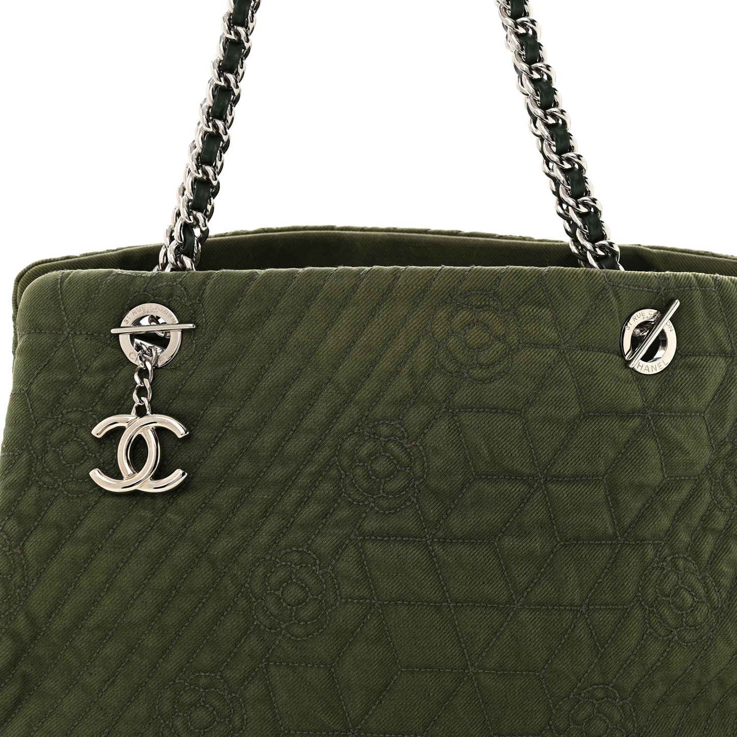 Denim Camellia Embroidered Shopping Tote Green