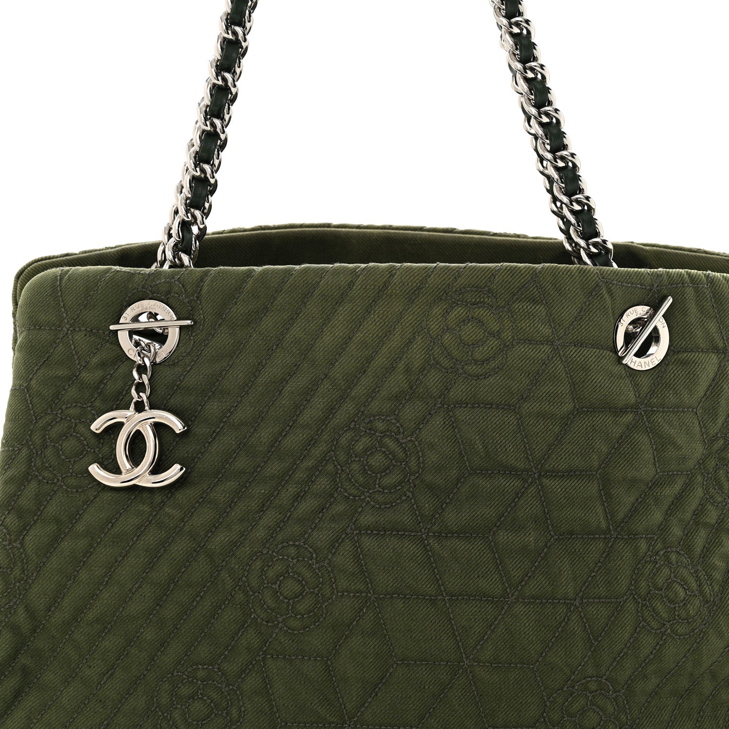 Chanel Denim Camellia Embroidered Shopping Tote Green 8 of 10