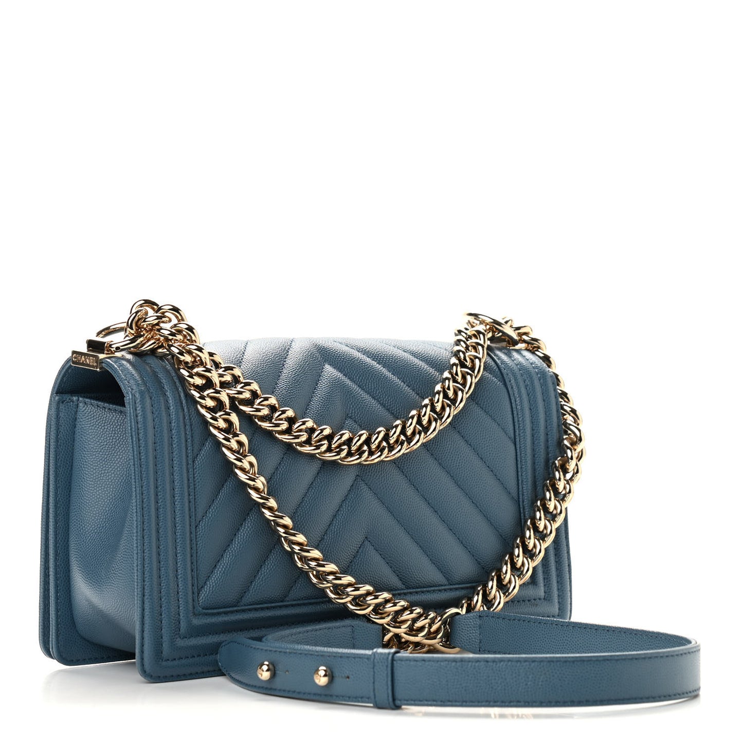 Caviar Chevron Quilted Medium Boy Flap Blue