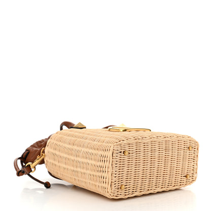 Valentino Garavani Wicker Vlogo Calfskin Top Handle Bag Natural Saddle Brown 4 of 10