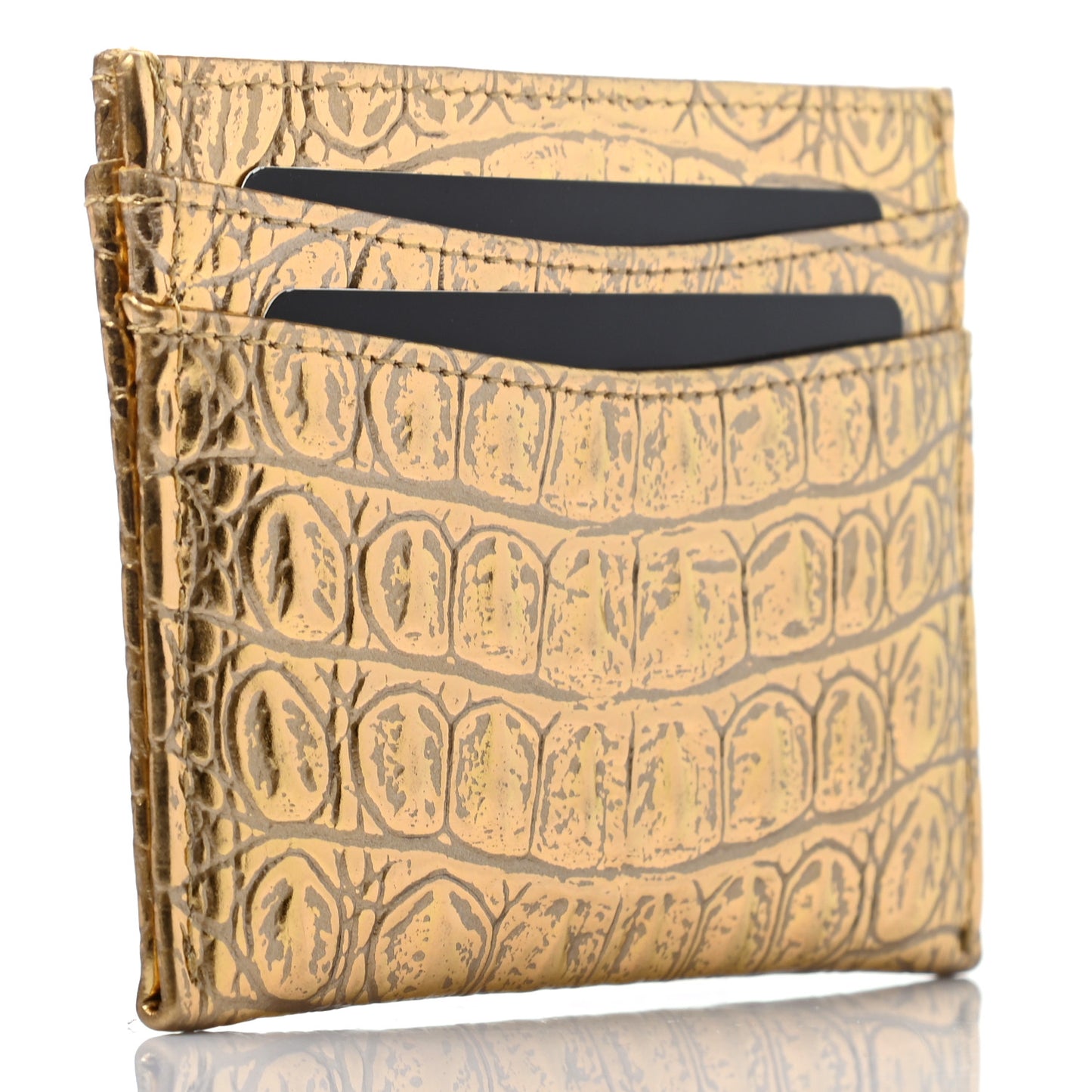 Metallic Calfskin Crocodile Embossed Cocodile Card Holder Gold