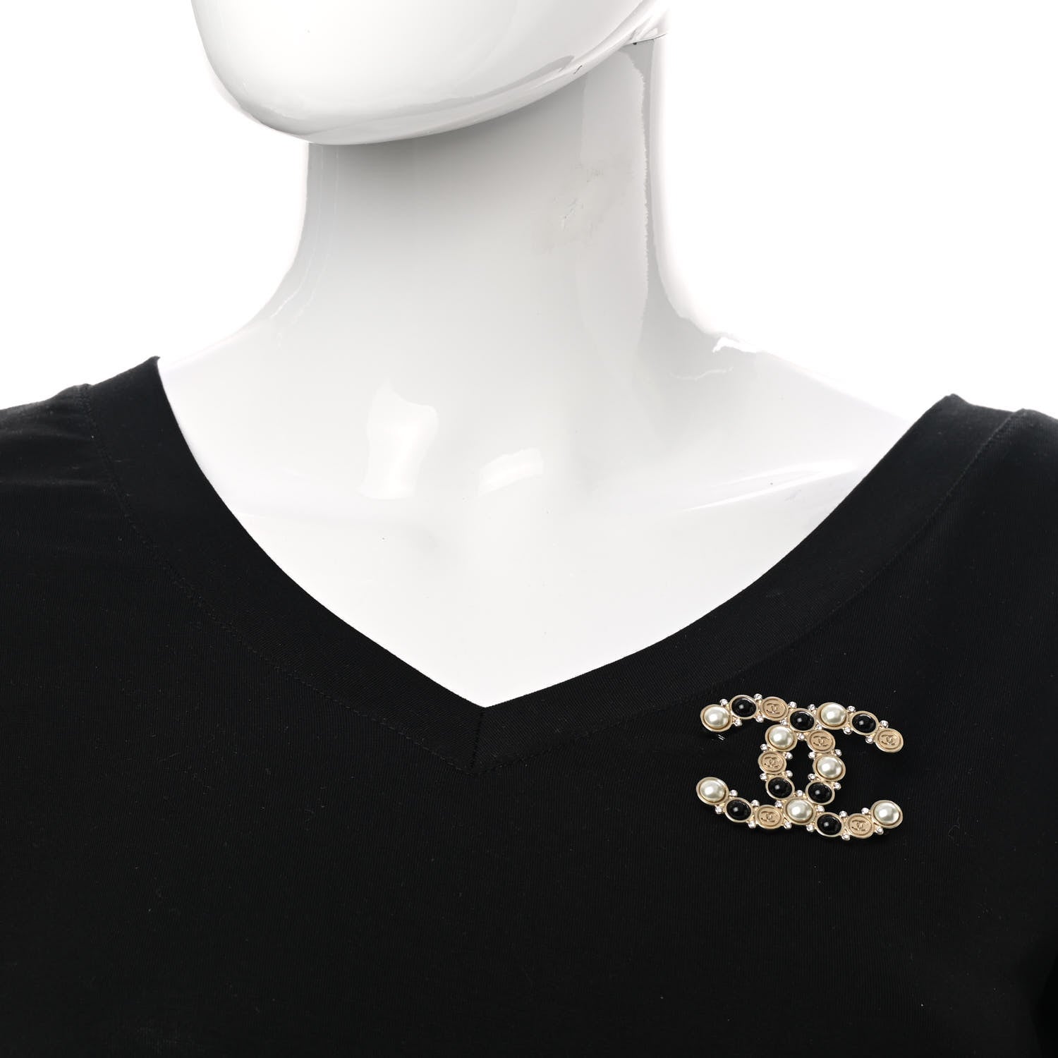 Chanel Crystal Pearl Metal Resin Polka Dot CC Brooch Black Gold 2 of 5