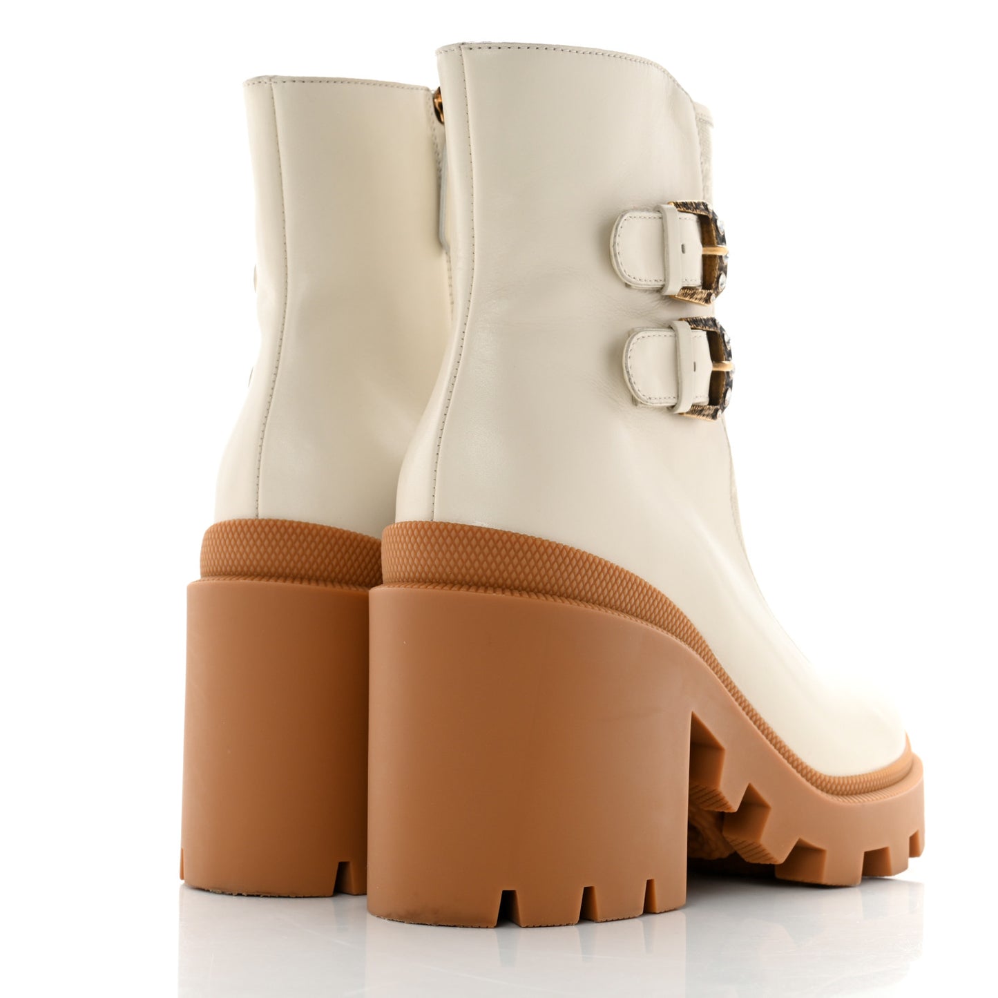 Kensington Calfskin Nappa GG Supreme Monogram Womens Double Buckle Ankle Boots 40 Mystic White Beige