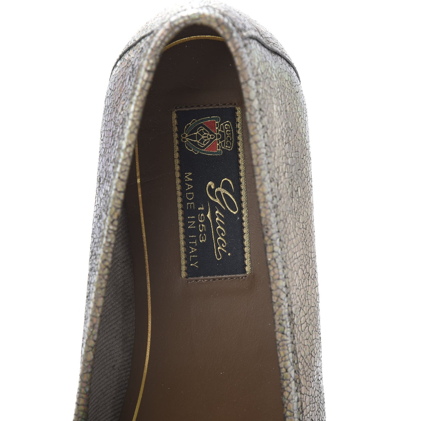 Metallic Crackled Calfskin Womens 1953 Horsebit Loafers 39 Fawn