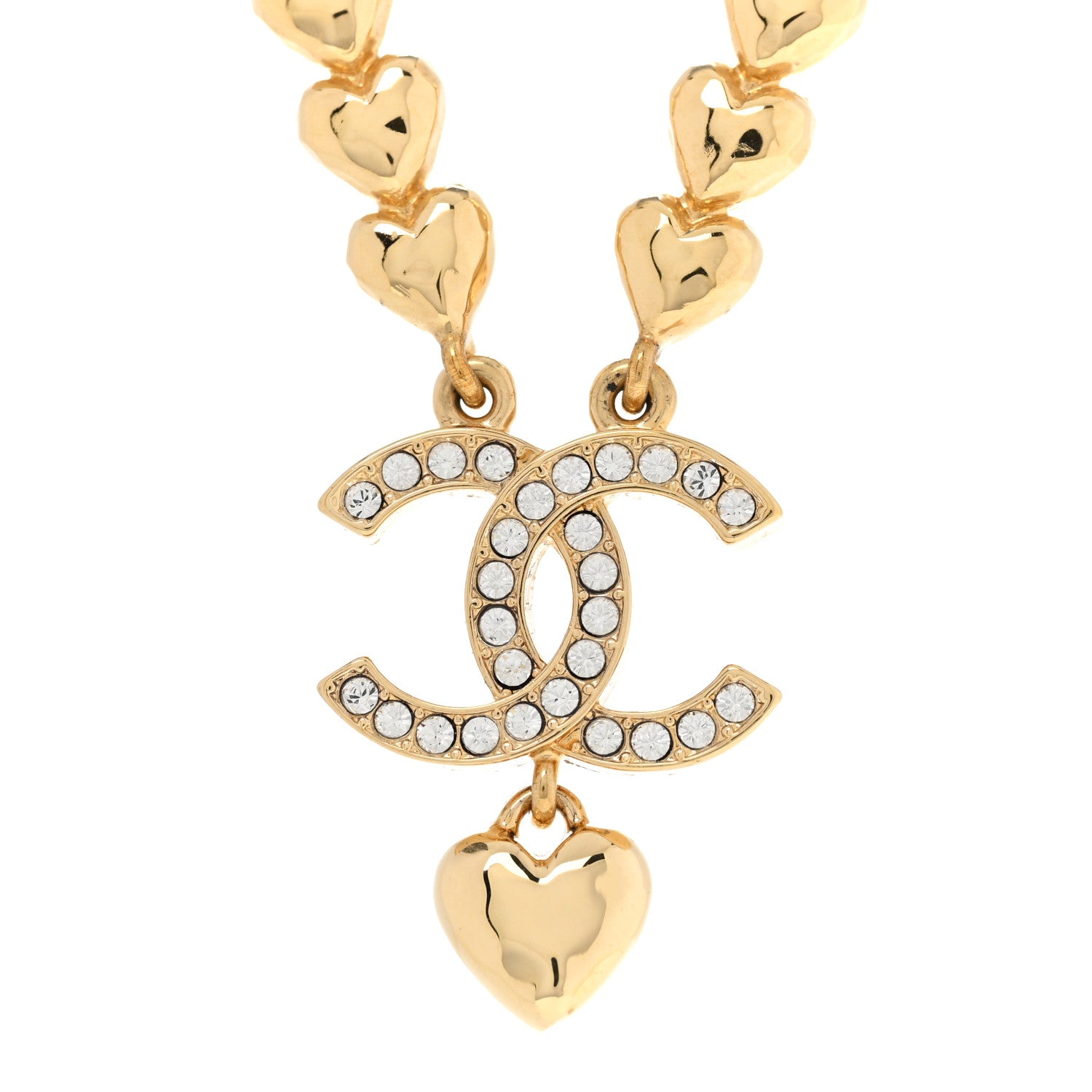Chanel Crystal CC Heart Link Pendant Necklace Gold 4 of 6
