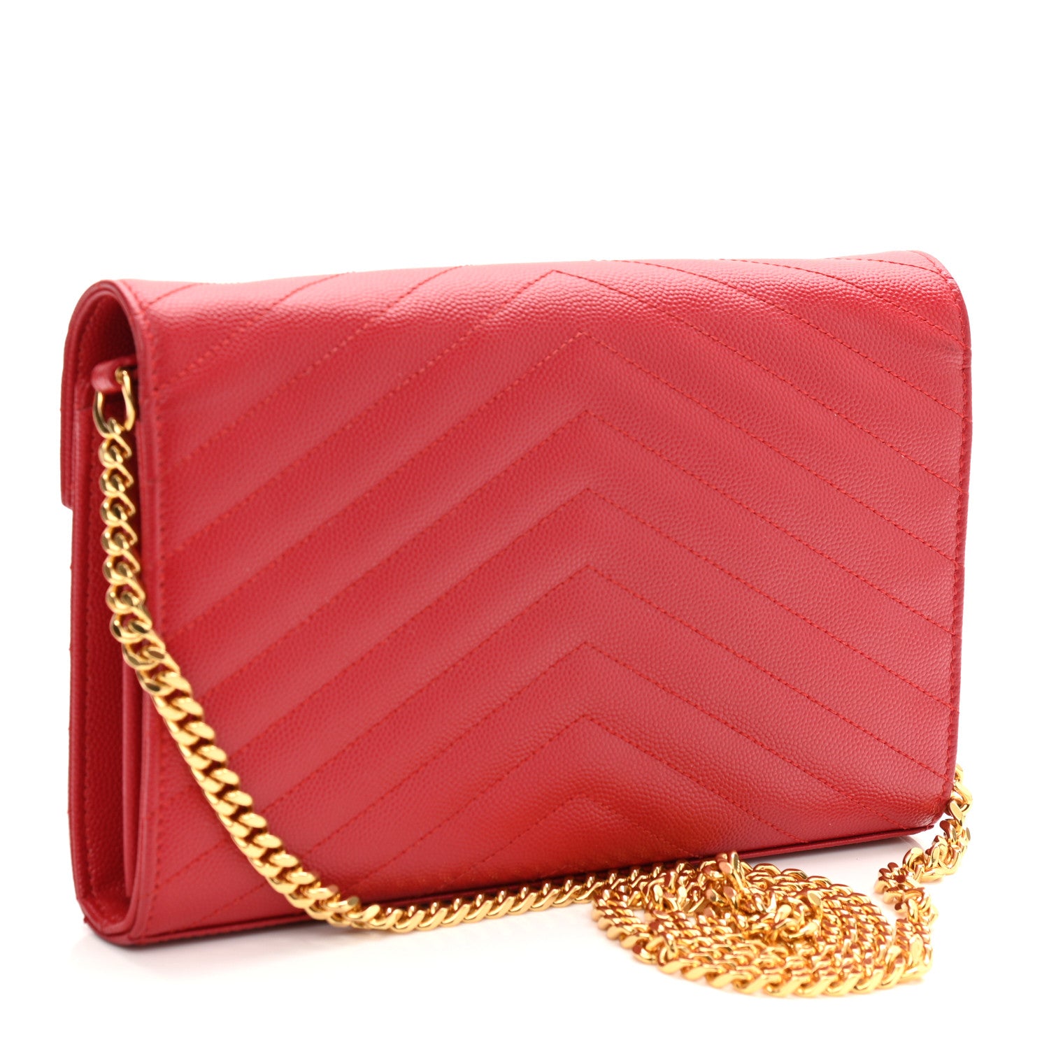 Saint Laurent Grain De Poudre Matelasse Chevron Monogram Chain Wallet New Red 3 of 10