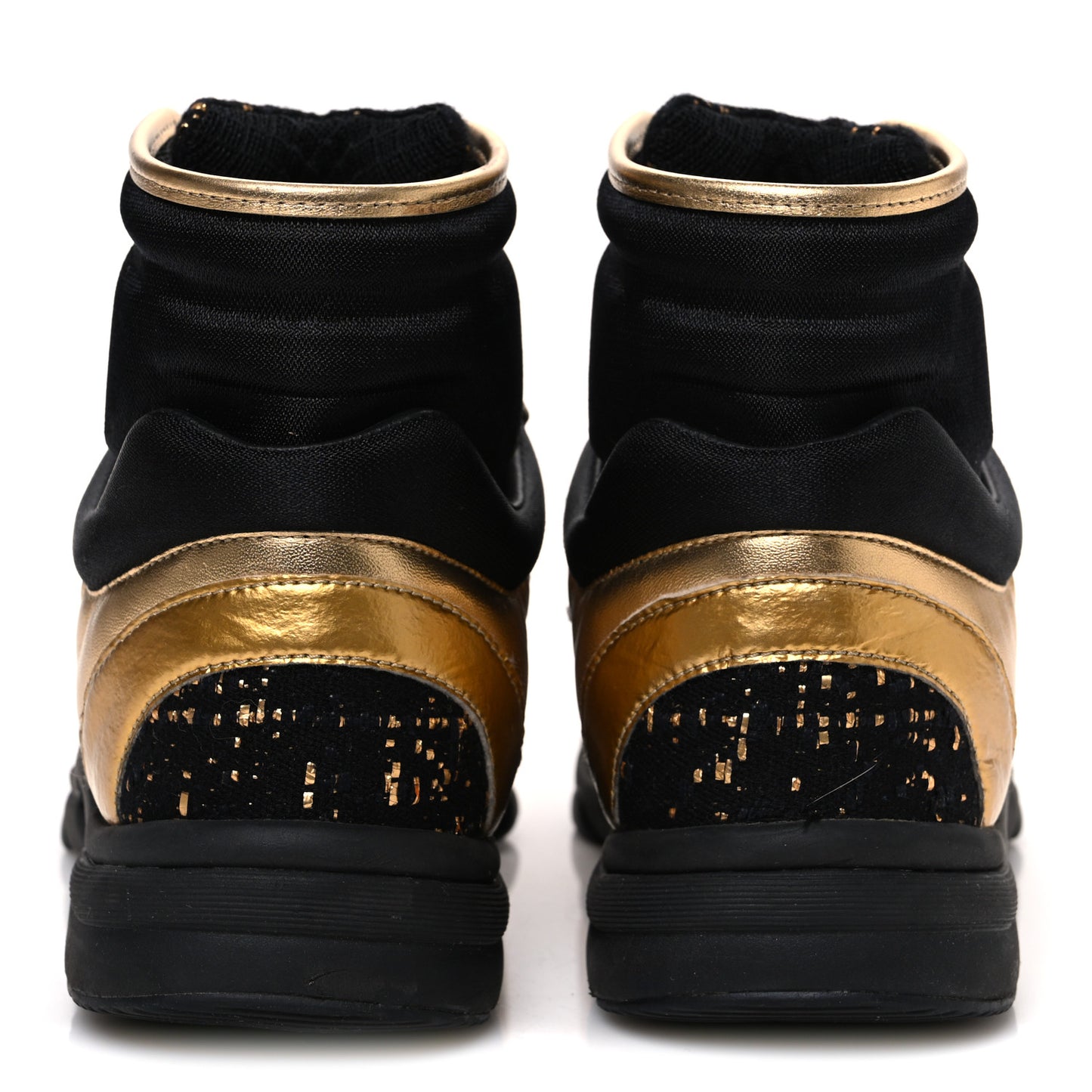 Satin Lambskin Fabric Tweed CC High Top Sneakers 38  Black Gold