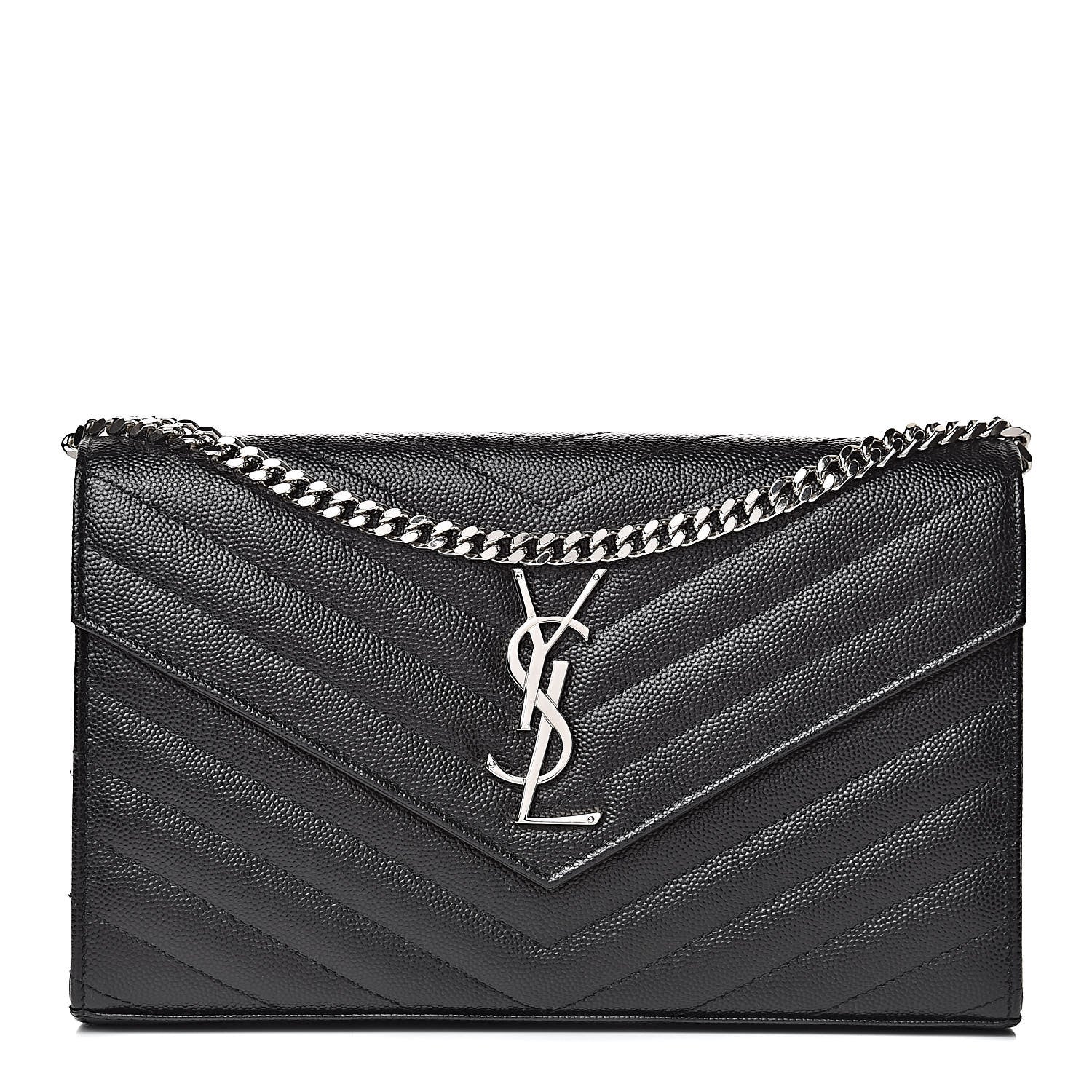 Saint Laurent Grain De Poudre Matelasse Chevron Monogram Chain Wallet Black 1 of 11