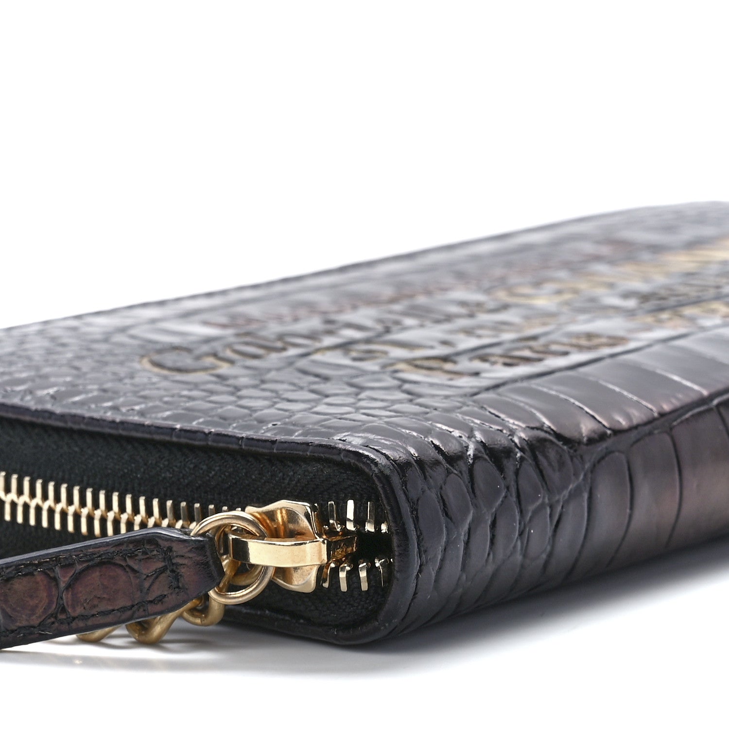Chanel Calfskin Crocodile Embossed Mademoiselle Gabrielle Zip Wallet Black Gold 11 of 12