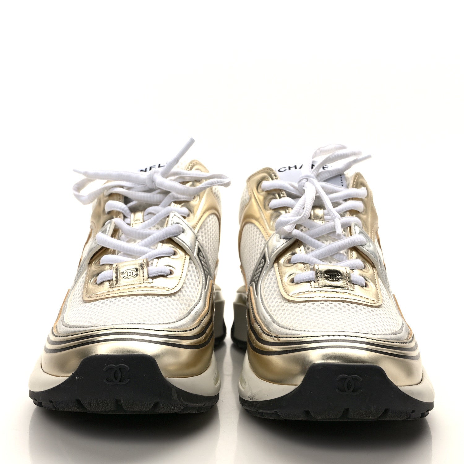 Chanel Fabric Laminated Calfskin Stretch CC Womens Sneakers 38.5 White Gold Silver 2 of 10