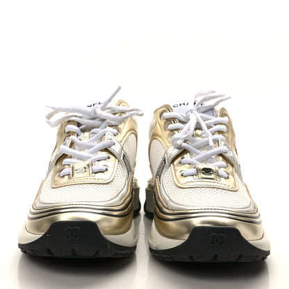Chanel Fabric Laminated Calfskin Stretch CC Womens Sneakers 38.5 White Gold Silver 2 of 10
