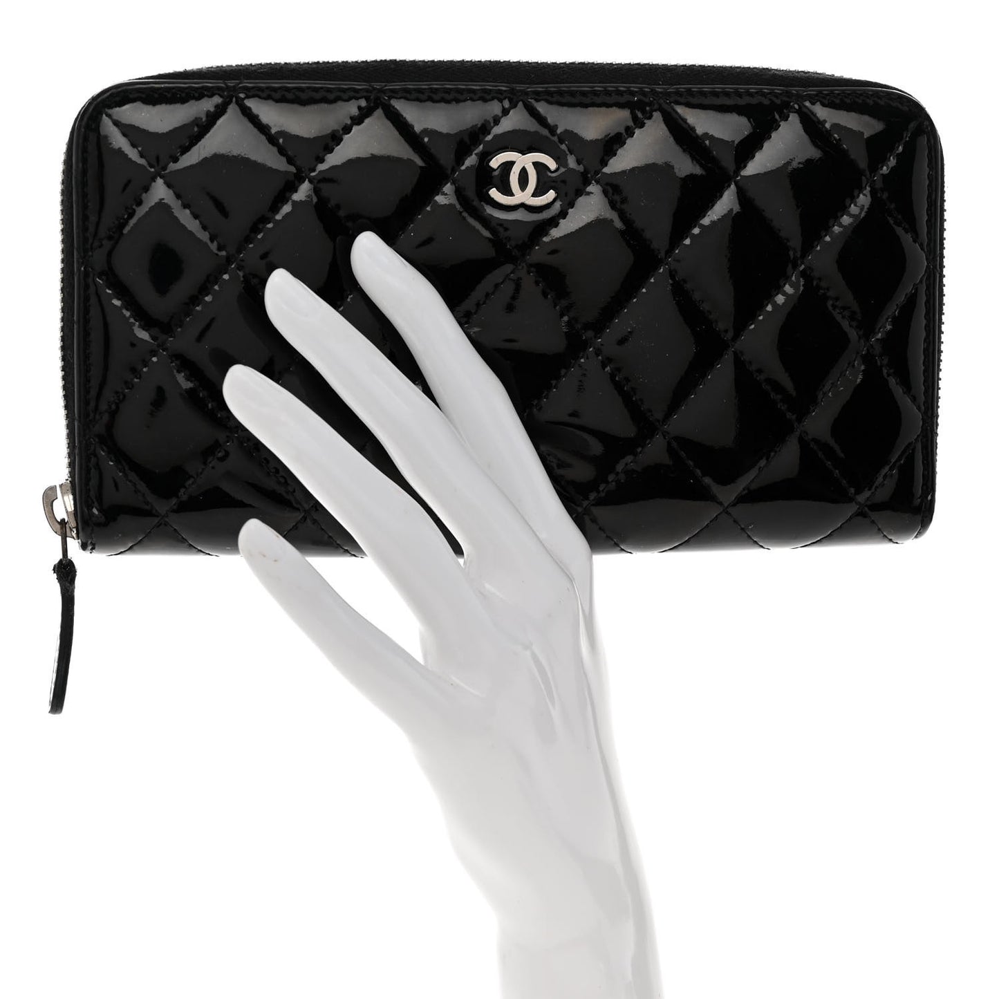 Patent Quilted Zip Around Wallet Black
