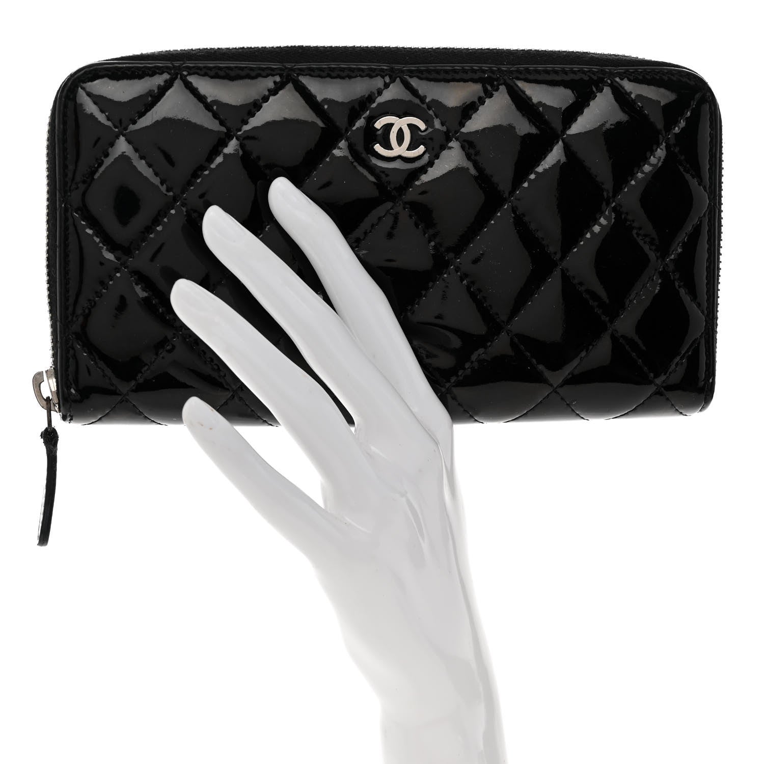 Chanel Patent Quilted Zip Around Wallet Black 2 of 9