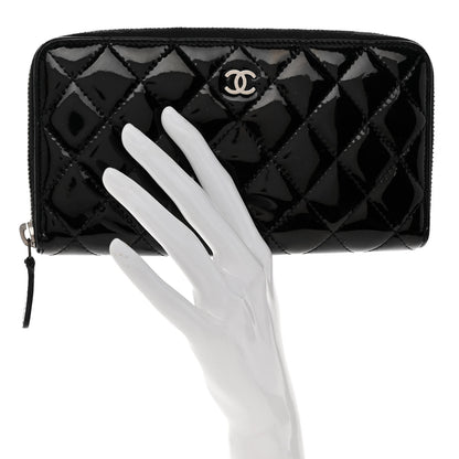 Chanel Patent Quilted Zip Around Wallet Black 2 of 9