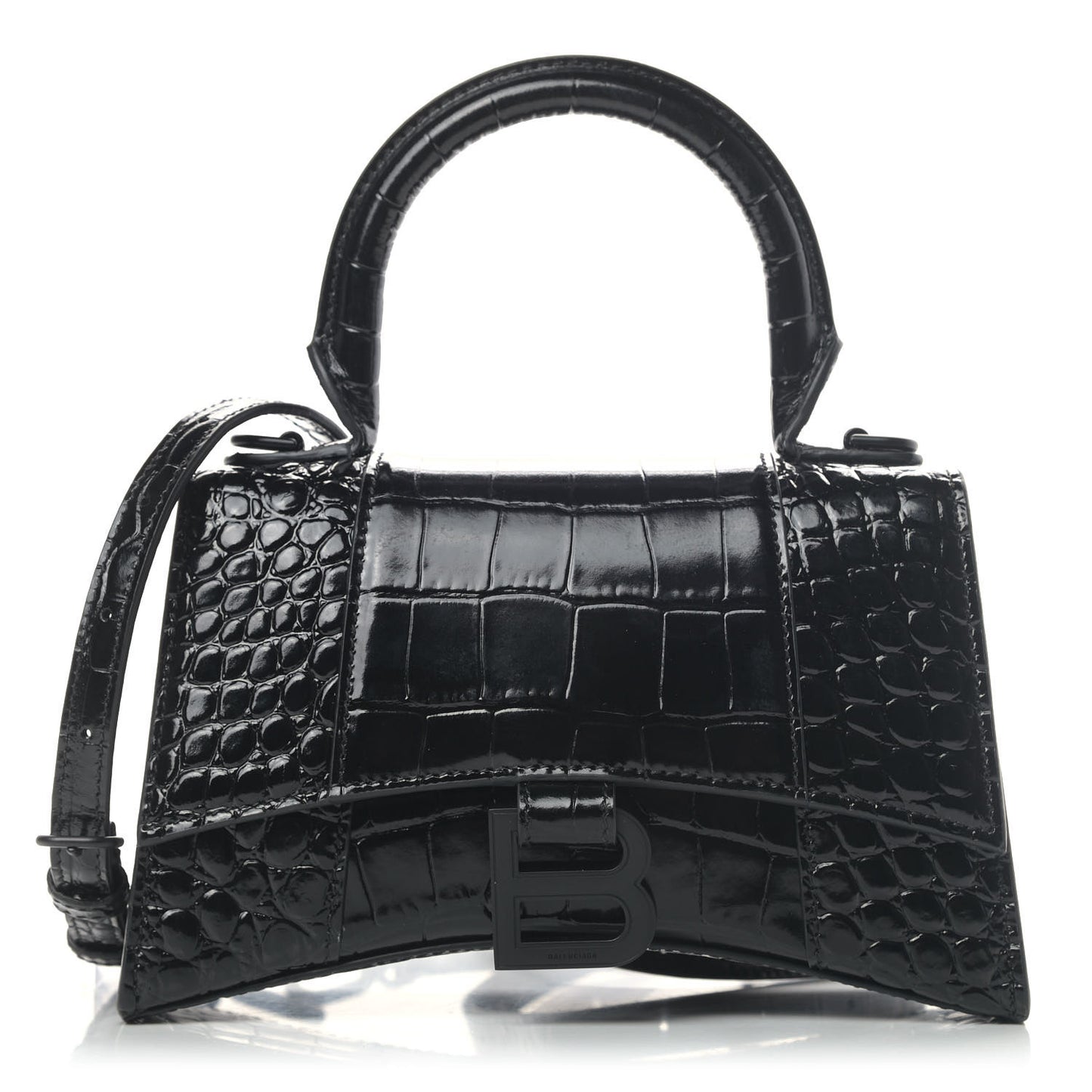Shiny Calfskin Monochrome Crocodile Embossed Hourglass Top Handle Bag XS Black