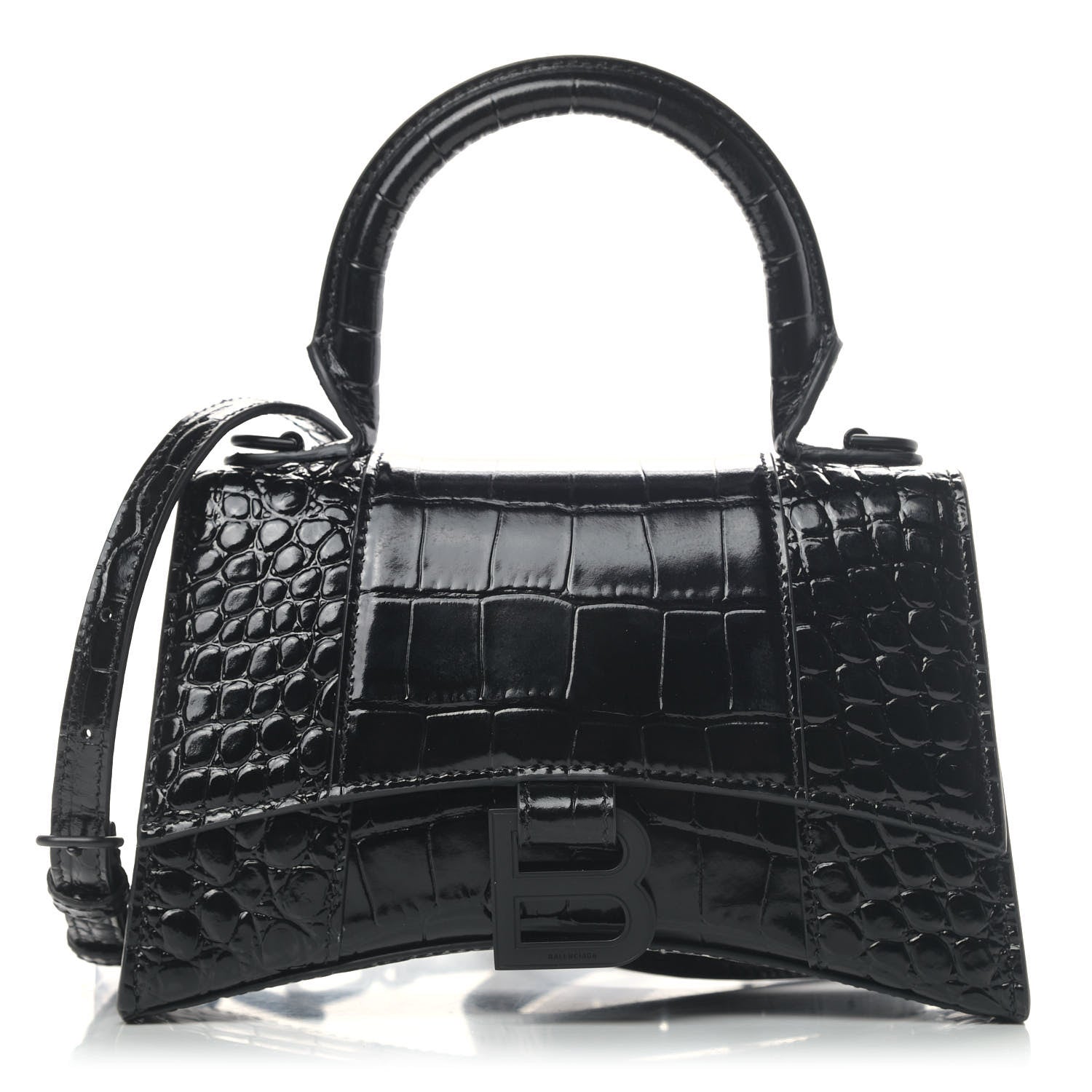 Balenciaga Shiny Calfskin Monochrome Crocodile Embossed Hourglass Top Handle Bag XS Black 1 of 4