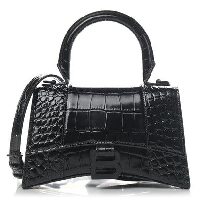 Balenciaga Shiny Calfskin Monochrome Crocodile Embossed Hourglass Top Handle Bag XS Black 1 of 4