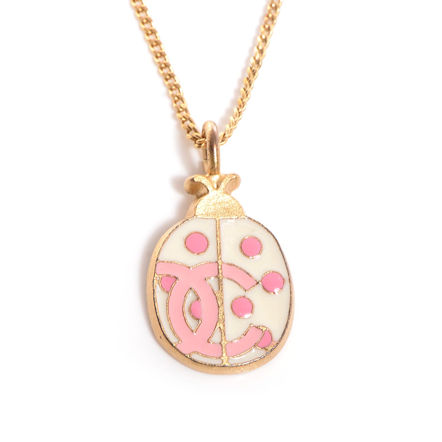 Enamel CC Ladybug Necklace Pink White Gold