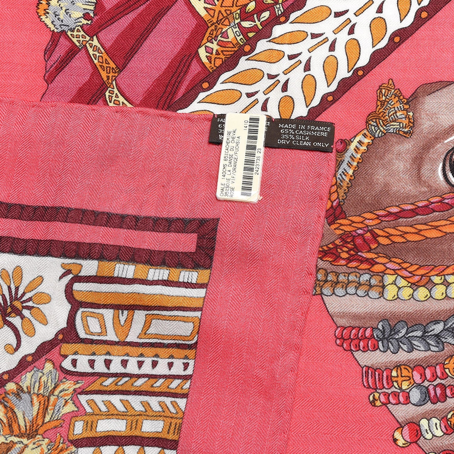 Hermes Cashmere Silk La Danse Du Cheval Shawl 140 Rose Vif Orange Fuchsia 4 of 4
