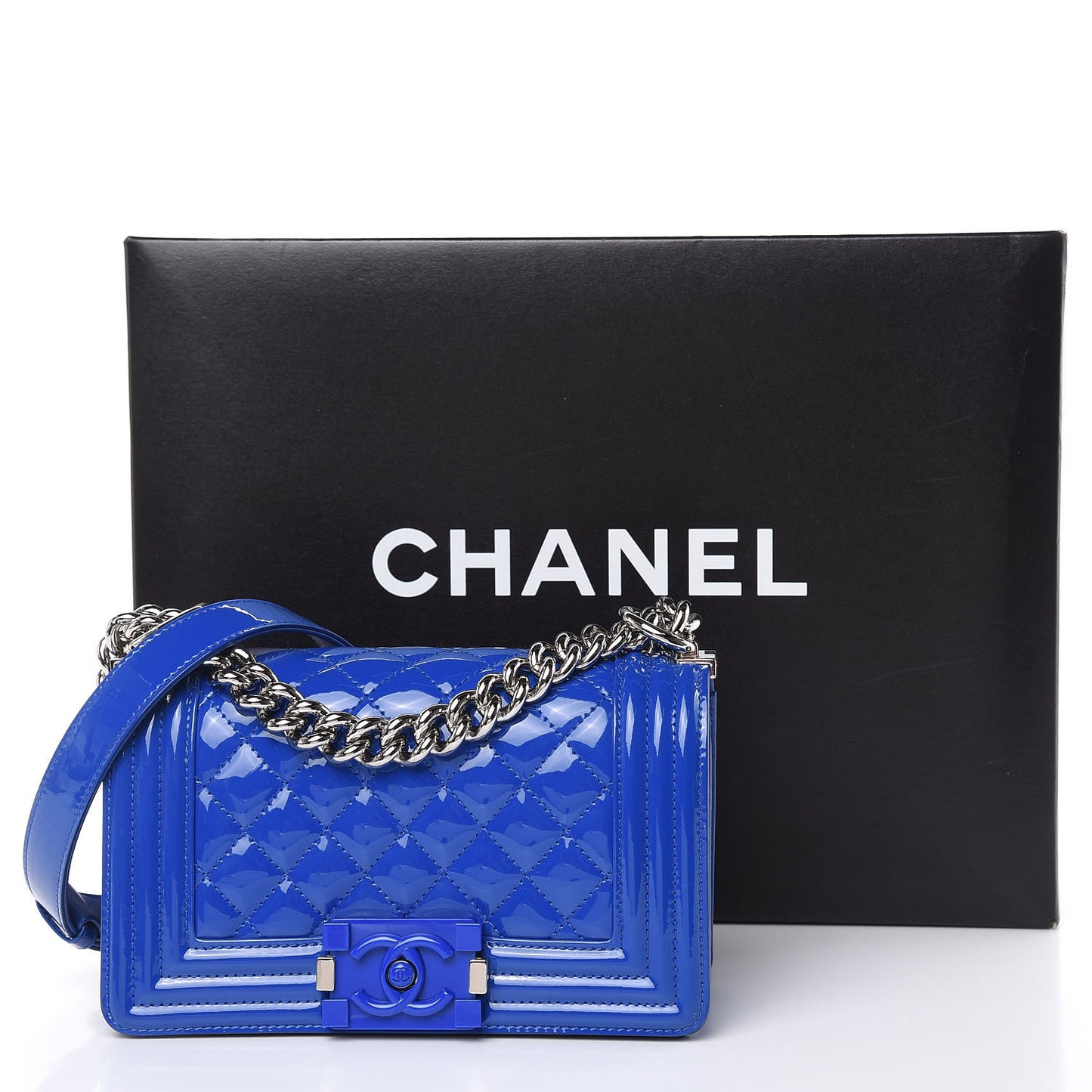 Patent Calfskin Quilted Small Plexiglass Boy Flap Blue