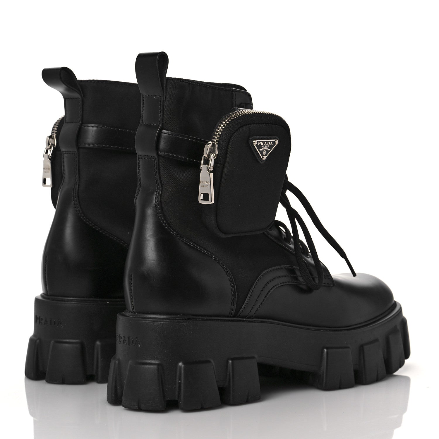 Prada Spazzolato Rois Nylon Metal Triangle Logo Monolith Pouch Pocket 55mm Boots 40 Black 4 of 8