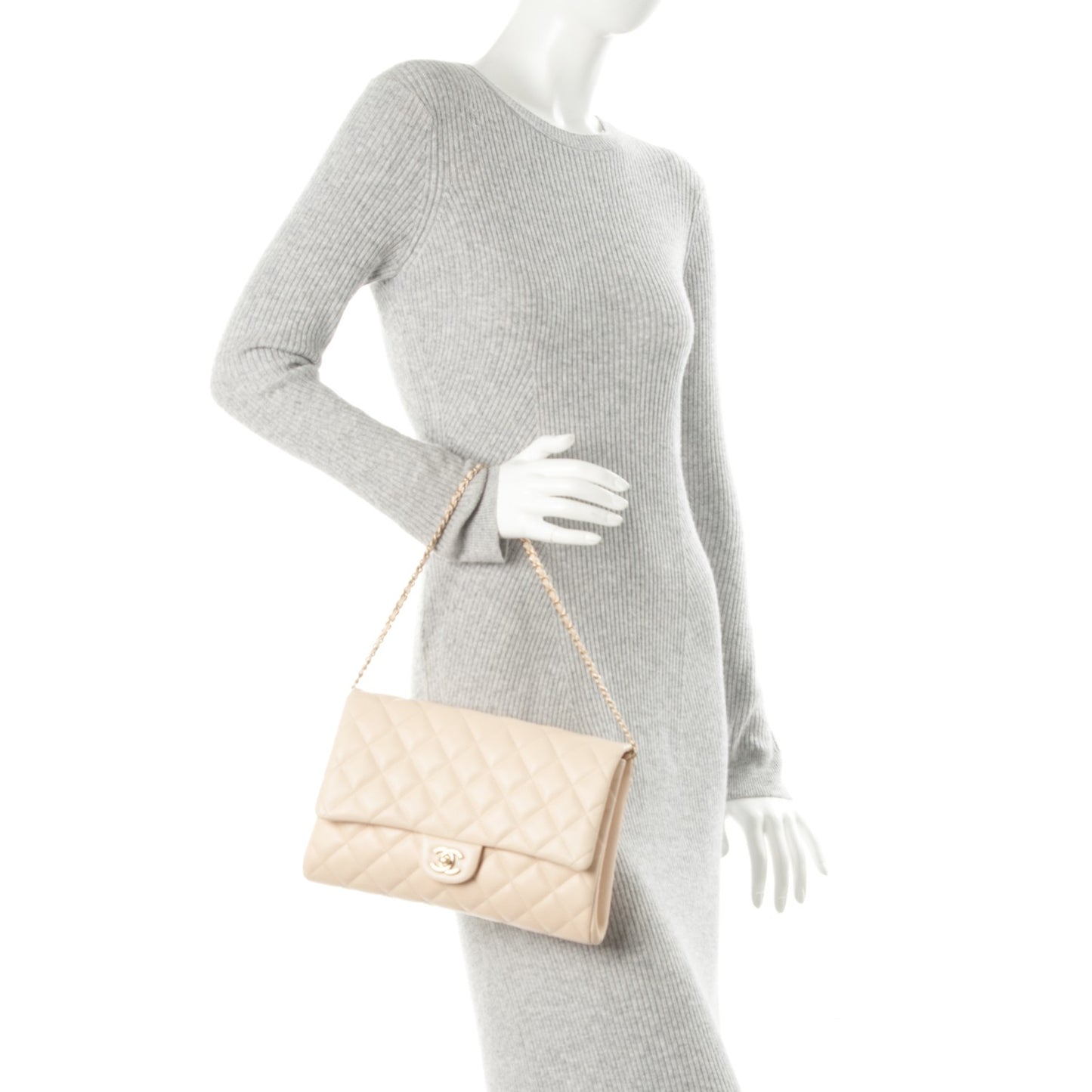 Lambskin Quilted Clutch With Chain Flap Beige Clair
