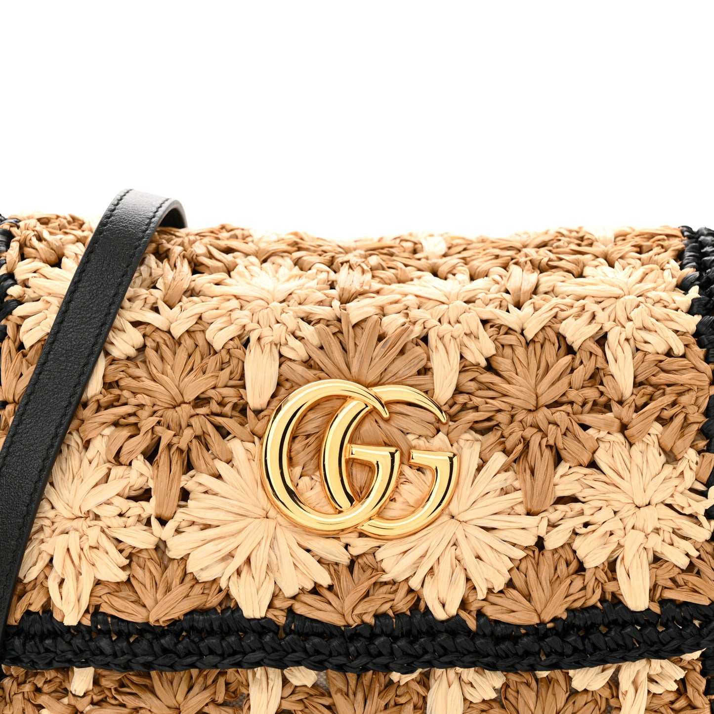 Raffia Azalea Calfskin Crochet Flower Small GG Marmont Shoulder Bag Natural Ecru Black
