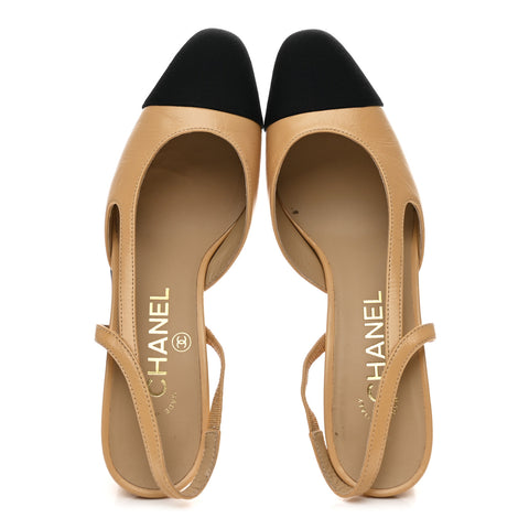 Goatskin Grosgrain Cap Toe CC Slingback Pumps 36.5 Beige Black
