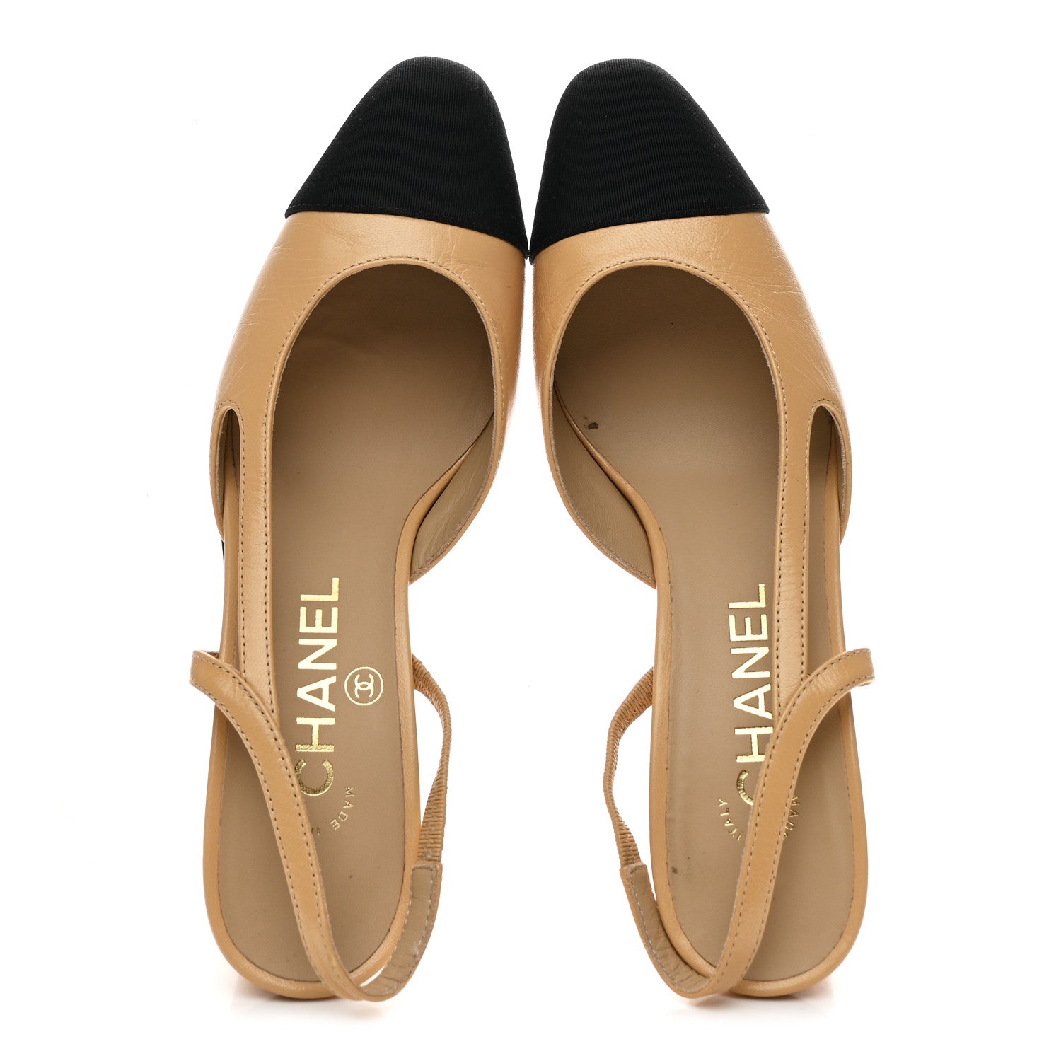 Chanel Goatskin Grosgrain Cap Toe CC Slingback Pumps 36.5 Beige Black 2 of 7