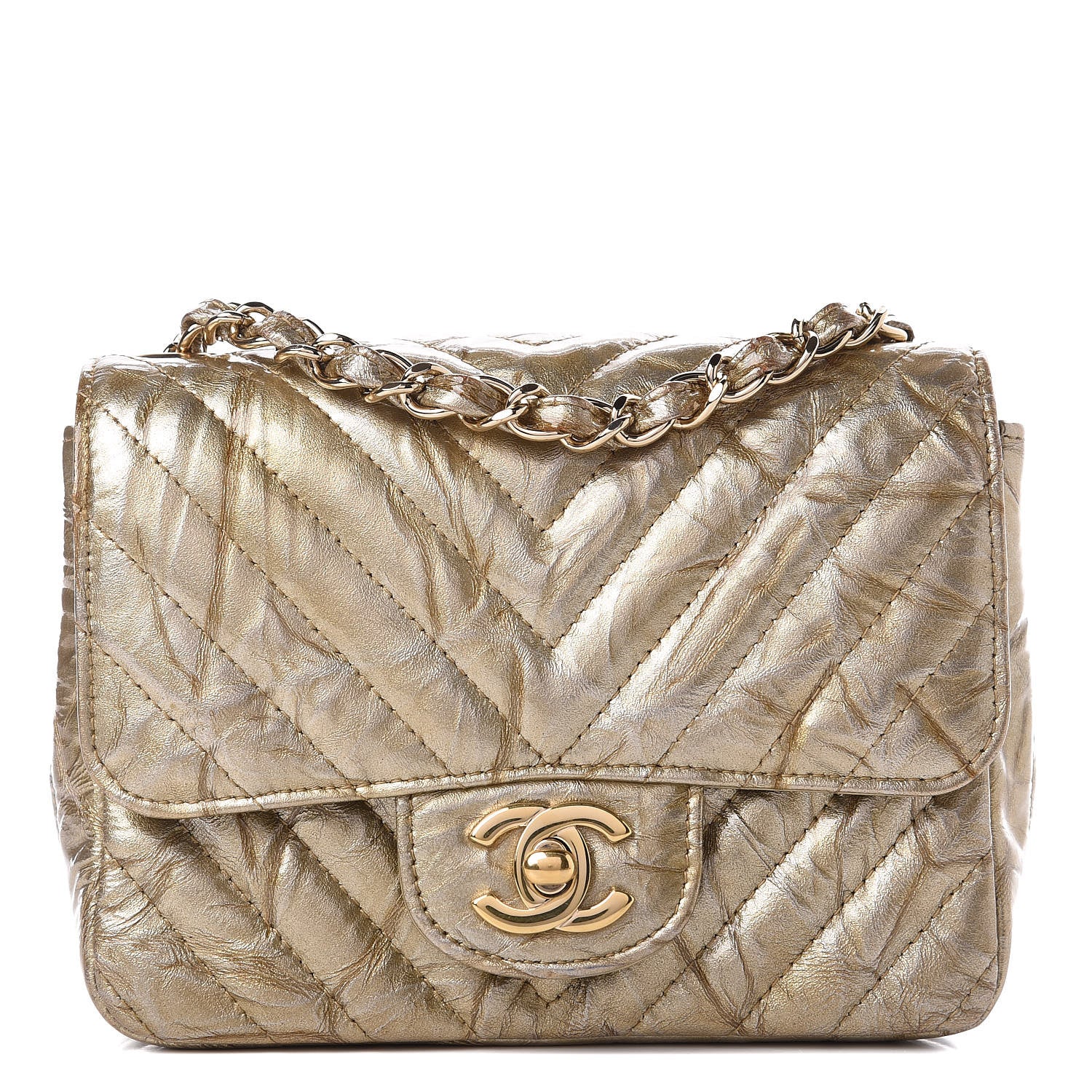 Chanel Patent Metallic Crumpled Calfskin Chevron Quilted Mini Rectangular Flap Gold 1 of 10