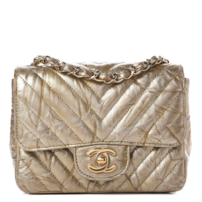 Chanel Patent Metallic Crumpled Calfskin Chevron Quilted Mini Rectangular Flap Gold 1 of 10