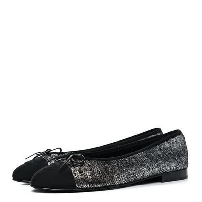 Chanel Suede Kidskin Grosgrain Cap Toe Ballerina Flats 41 Silver Black 3 of 9