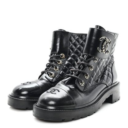 Chanel Shiny Goatskin Calfskin Quilted Lace Up Combat Boots 40.5 Black 4 of 9