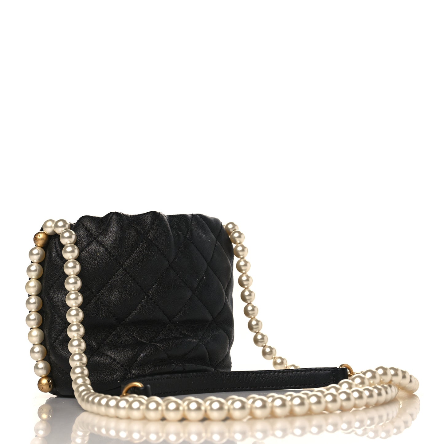 Calfskin Quilted Pearl Mini About Pearls Drawstring Bucket Bag Black