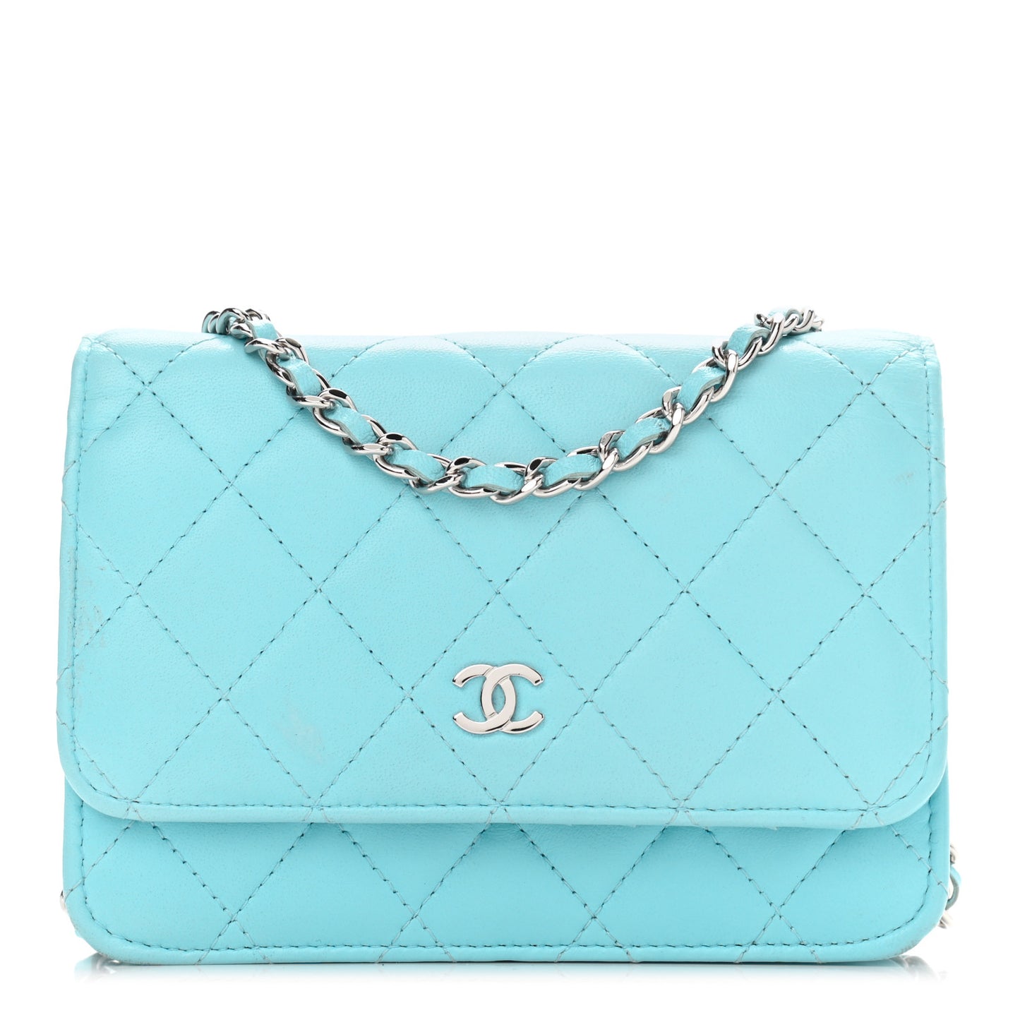 Lambskin Quilted Mini Wallet On Chain WOC Neon Blue
