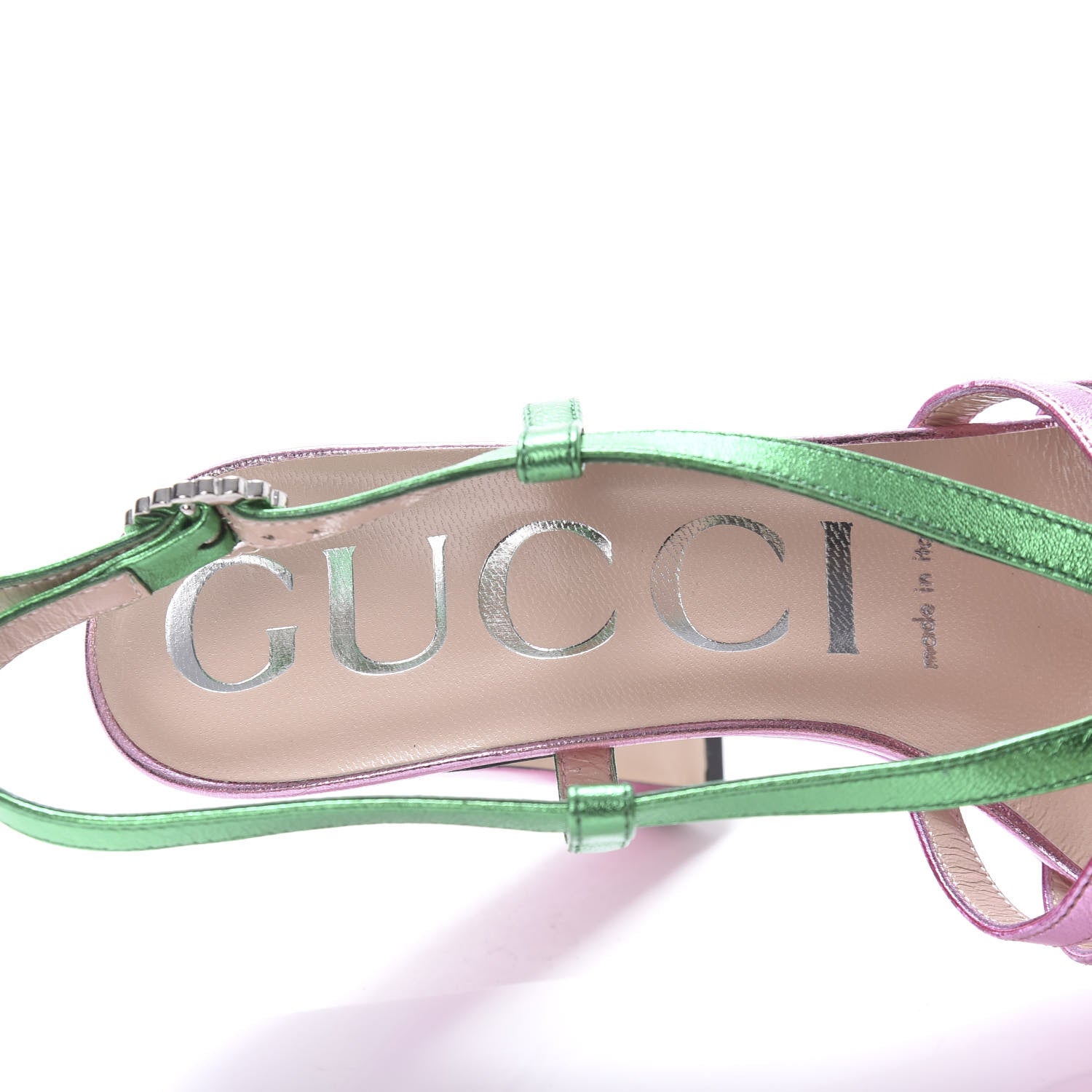 Gucci Metallic Nappa Crystal Zephyra Slingback Platform High Heel Sandals 36 Rosa Jasmine Green 7 of 7