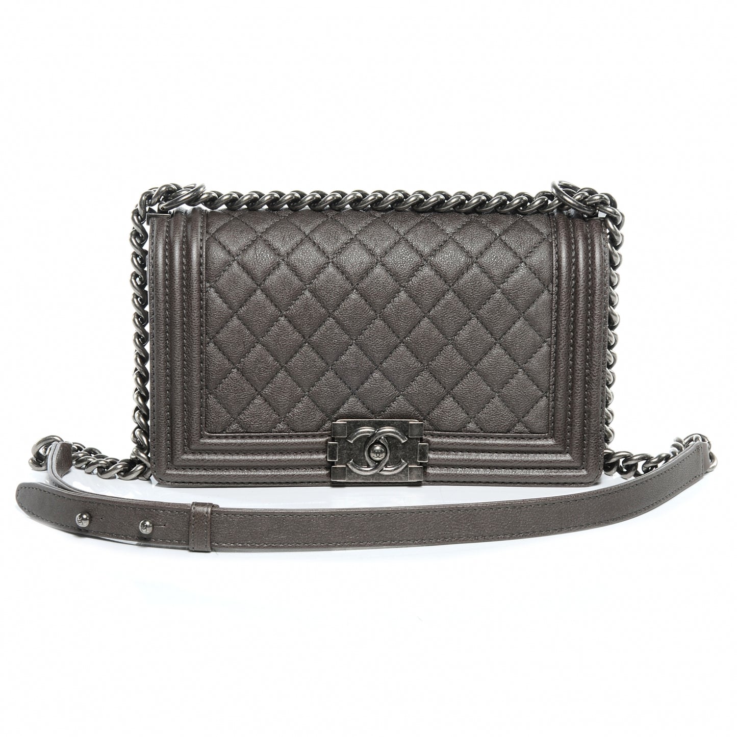 Calfskin Medium Boy Bag Flap Metallic Dark Silver
